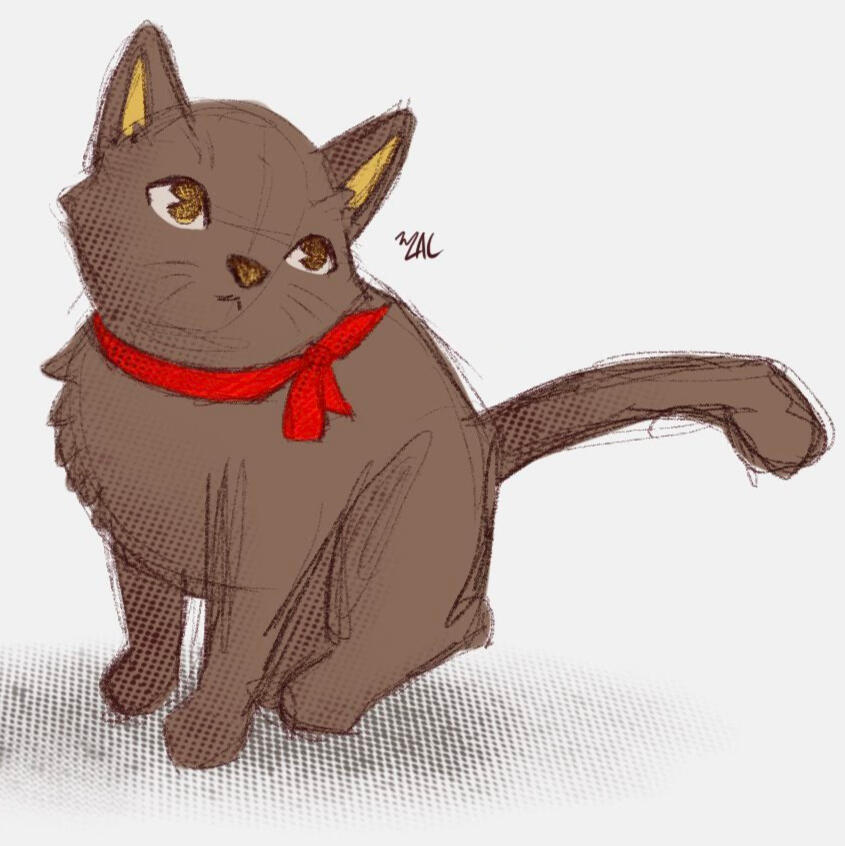 Digital drawing of a brown cat with a red bow around its neck, drawn by SailorChips.
