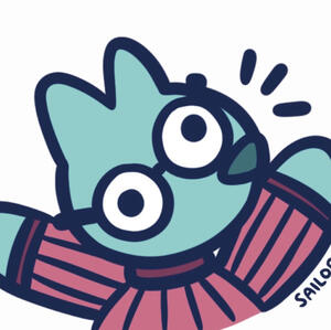 A blue cat wearing glasses and a pink sweater popping up from the bottom of the image.
