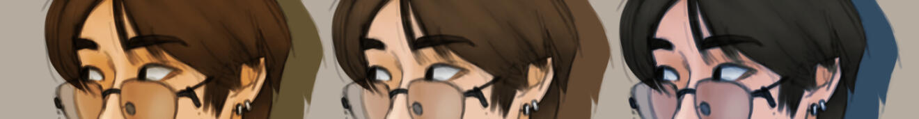 Divider image of a man wearing glasses, duplicated in 3 colours. The image is cropped to only show the eyes,